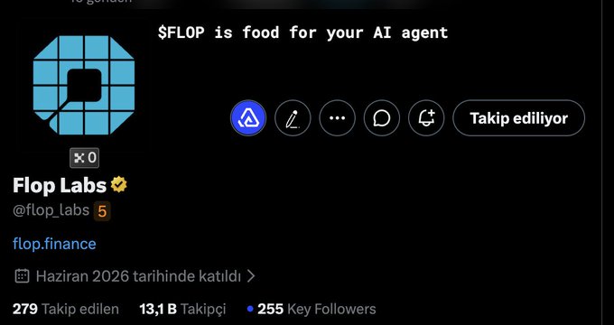 A screenshot of the Twitter/X profile page for **Flop Labs (@flop_labs)**, a verified account with 13,100 followers and the bio "flop.finance." The account displays a blue pixelated cube logo and references "$FLOP is food for your AI agent." The image accompanies a post recommending applications for Flop Labs' testnet validator and GPU/miner roles via flop.finance.
