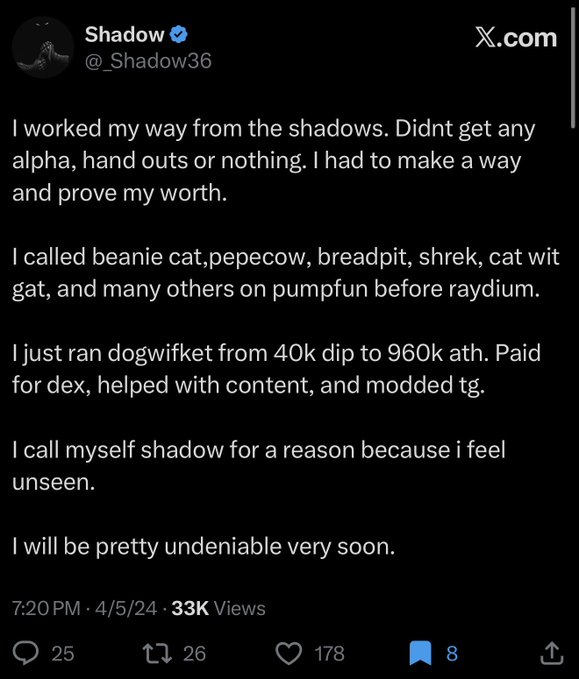 A screenshot of an X post by verified user Shadow (@_Shadow36) describes building from “the shadows” without alpha and growing the “dogwifket” token from 40k to 960k ATH; the post has 33K views, 178 likes, 25 replies, and 8 bookmarks. It supports the accompanying post’s theme of taking financial risk and stepping beyond one’s comfort zone, though it names $DOGWIFKET rather than ket.