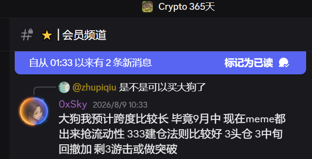 A Discord message screenshot from user 'OxSky' (dated 2026/8/9 10:33) in a '会员频道' (member channel) discussing strategies for buying '大狗' (big dog), mentioning that meme coins are competing for liquidity in September, suggesting a 3333 position-building method for late-month pullbacks.