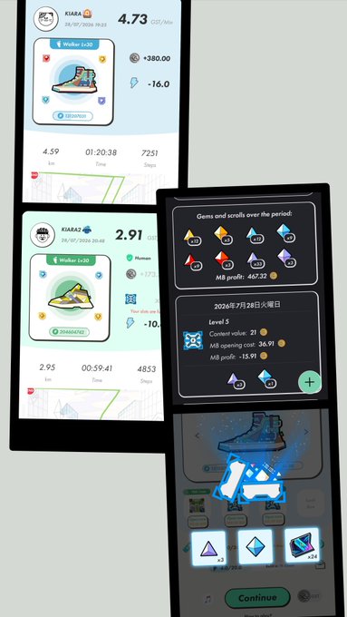 A collage of screenshots from what appears to be a fitness or gaming app, showing user profiles, activity stats, gems, and level progression, including a "Level 5" achievement dated "2026年7月28日火曜日" (Tuesday, July 28, 2026).