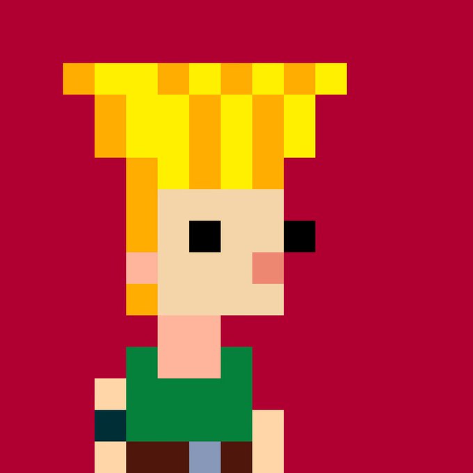 A minimalist pixel art portrait of a blonde character in a green shirt with black square eyes against a dark red background.