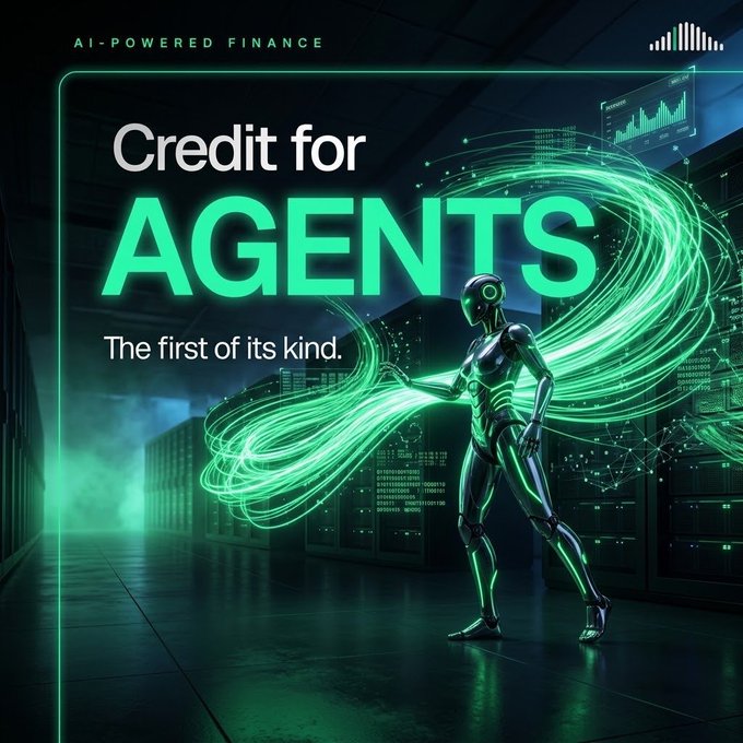 A green and black digital advertisement for AI-POWERED FINANCE featuring a futuristic humanoid figure with the text "Credit for AGENTS - The first of its kind."