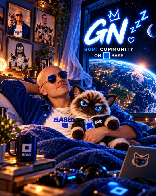 A stylized image of a man wearing sunglasses relaxing with a fluffy kitten, featuring neon text 'GN zzz - BOMI COMMUNITY ON BASE' with Earth visible through a window.