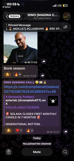 Telegram channel screenshot titled 'DINO (MAGINA CALL)' with 331 subscribers, showing posts about 'Bonk season' and a link discussing Solana closing its first monthly candle in 7 months as a 'generational bottom.'