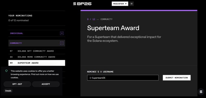 A screenshot of the BP25 website showing a nomination page for the 'Superteam Award' (9/12 — Community), with a text field pre-filled with '@SuperteamDE' and a 'Submit Nomination' button.