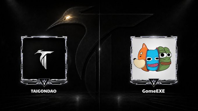 An esports/gaming matchup graphic featuring two team logos in silver frames: 'TAIGONDAO' (black background with T logo) versus 'GomeEXE' (with cartoon mascot characters) against a dark background with a glowing bird/phoenix emblem.