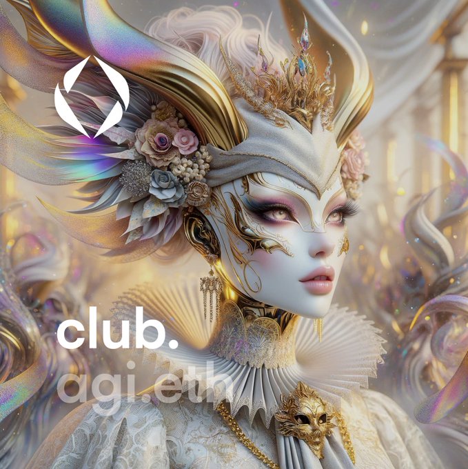 A digital artwork featuring an ornate, fantasy-style female figure adorned with gold, white feathers, flowers, and an elaborate headdress, with text 'club. agi.eth' overlaid and a logo in the top-left corner.