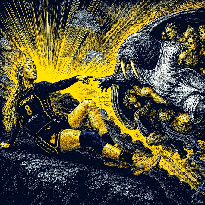 An illustrated recreation of Michelangelo's 'Creation of Adam' featuring an Indiana Fever WNBA player (jersey #8) reaching out toward a walrus figure surrounded by cherubs, rendered in the classic black and yellow color scheme with 'INDIANA' and 'sleepless' visible on the jersey.
