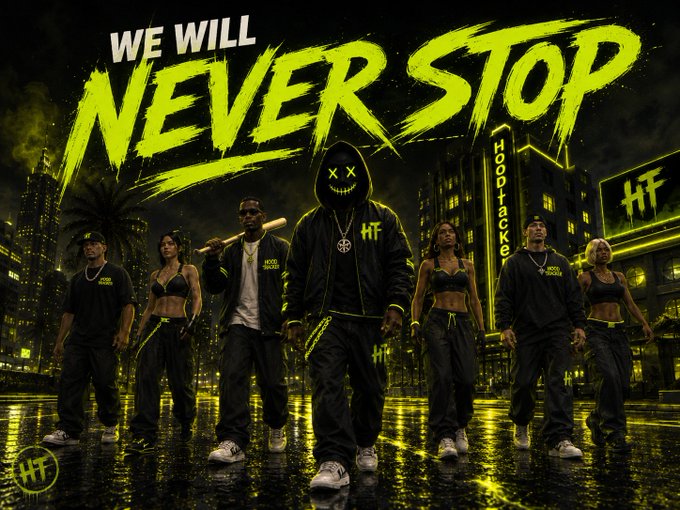 Promotional poster for 'Hood Hacker' (HT) featuring seven people in matching black streetwear standing on a neon-lit street, with large yellow text 'WE WILL NEVER STOP'.