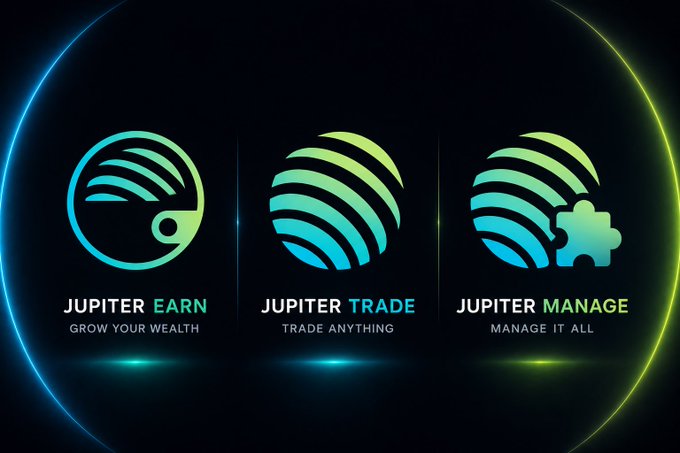 Jupiter platform promotional image featuring three icons: 'JUPITER EARN - GROW YOUR WEALTH', 'JUPITER TRADE - TRADE ANYTHING', and 'JUPITER MANAGE - MANAGE IT ALL' on a dark background.