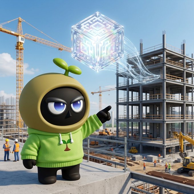 A green sprout-hooded cartoon character points toward a glowing digital cube hovering above an active construction site with cranes and an unfinished building, symbolizing the transformation of a simple idea into a built structure through blockchain technology. The image visually represents the post's message about an app that can rapidly build ideas across platforms like Solana, Ethereum, Bitcoin, and Robinhood.