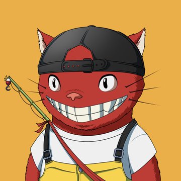 A cartoon red cat with a wide toothy grin wearing a backwards black cap and yellow overalls, holding a fishing rod with a small fish on the line.
