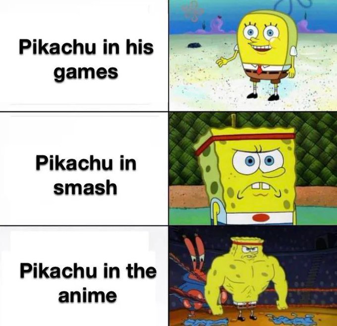 A meme comparing 'Pikachu in his games', 'Pikachu in smash', and 'Pikachu in the anime' using progressively more muscular SpongeBob images.