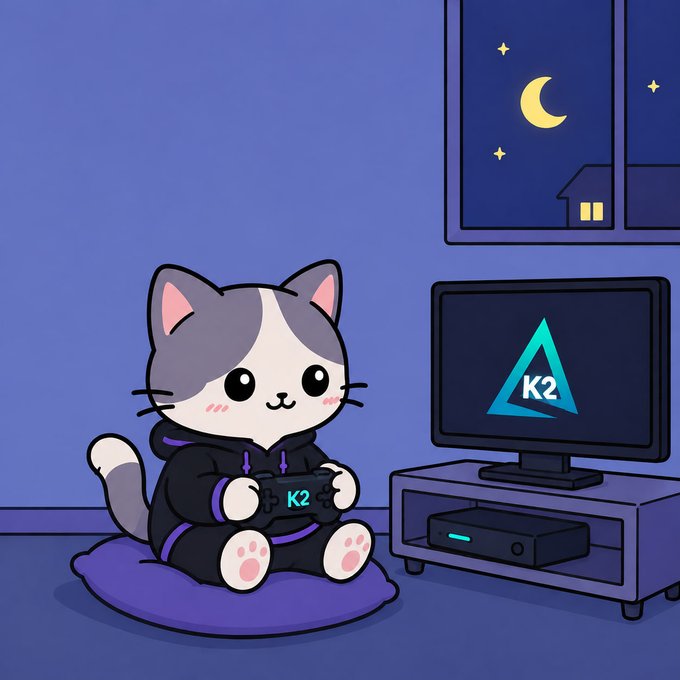 A cartoon illustration of a cute gray and white cat wearing a black hoodie, holding a 'K2' branded game controller while sitting on a purple cushion in a room with a TV displaying the 'K2' logo.