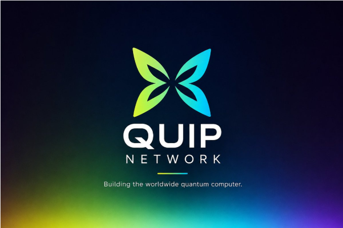 Logo for 'QUIP NETWORK' with a colorful butterfly-like icon and the tagline 'Building the worldwide quantum computer.' on a dark background with gradient accents.