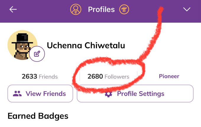 A mobile app profile screen for 'Uchenna Chiwetalu' shows 2633 Friends and 2680 Followers, with the followers count circled in red. The user is labeled as a 'Pioneer'.