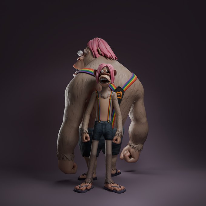 The image features a cartoon character with pink hair, wearing shorts and flip flops, standing next to another character who has a large body size and is wearing a rainbow-colored shirt. The larger character appears to be holding onto the smaller one as they stand together against a purple background. The post seems to be promoting an item or service related to the cartoon characters, possibly for sale on eBay.
