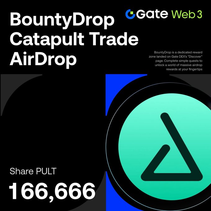 A Gate Web3 promotional graphic announcing a 'BountyDrop Catapult Trade AirDrop' event, noting a share of 166,666 PULT tokens for completing quests on the Discover page.