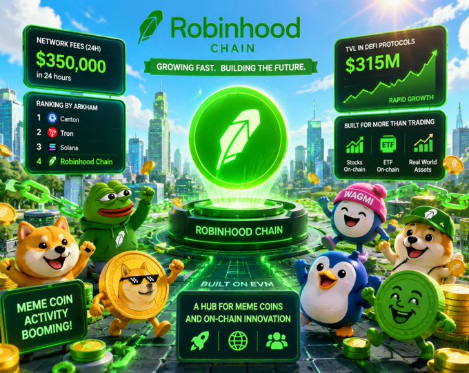 A vibrant promotional infographic for 'Robinhood CHAIN' highlighting its rapid growth, $350,000 in network fees, $315M in TVL in DeFi protocols, and meme coin activity, featuring various cartoon mascots.