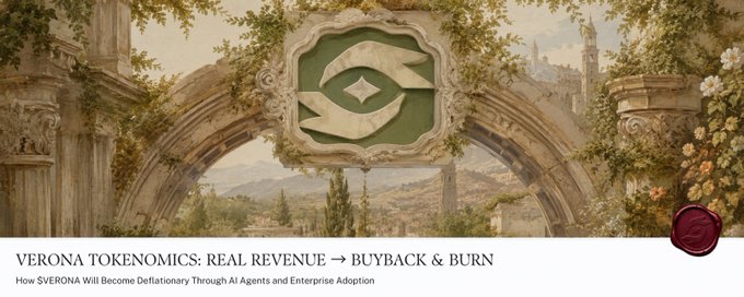 A banner image for Verona's tokenomics announcement, featuring a classical Renaissance-style archway framing a landscape with a green "V" emblem, accompanied by text reading "VERONA TOKENOMICS: REAL REVENUE → BUYBACK & BURN — How $VERONA Will Become Deflationary Through AI Agents and Enterprise Adoption." The post highlights the introduction of $VERONA's tokenomics, emphasizing its deflationary design tied to real revenue through buyback and burn mechanics.