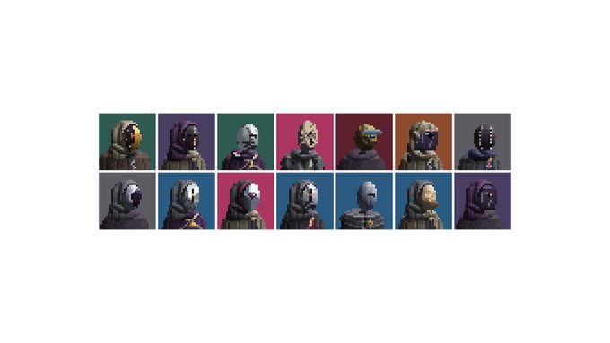 A grid of 14 pixel-art style portraits of hooded/cloaked figures with various masked or helmeted faces on colorful backgrounds (green, pink, blue, purple).