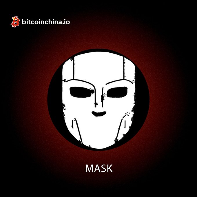 A promotional image from the MASK cryptocurrency project on bitcoinchina.io, featuring a white mask icon on a black circle against a dark red radial background.