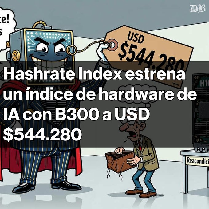A Spanish-language cartoon illustration with text 'Hashrate Index estrena un índice de hardware de IA con B300 a USD $544.280', depicting an AI-themed villain with a price tag.