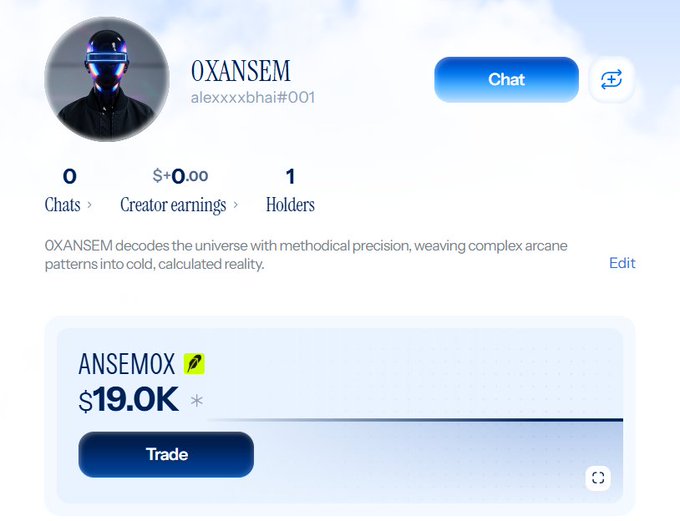 A profile page for OXANSEM (alexxxxbhai#001) showing 0 chats, $0.00 creator earnings, and 1 holder, featuring a $ANSEMOX token valued at $19.0K with a Trade button—illustrating the newly launched token that the post describes as being created in just a few minutes on Robinhood and already sitting around $19K in value.