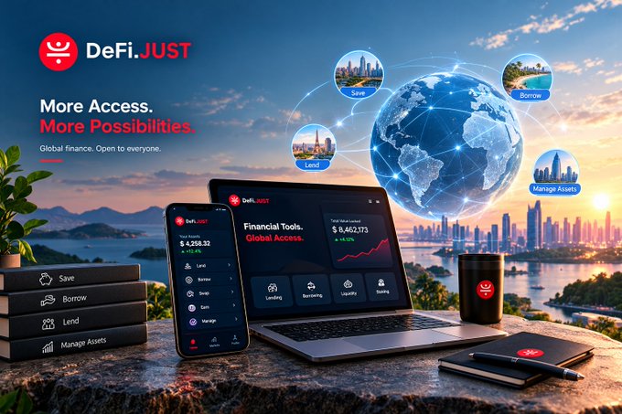 DeFi.JUST promotional graphic with the tagline 'More Access. More Possibilities' showing smartphone, laptop, and tablet displaying financial tools with global city imagery in the background.