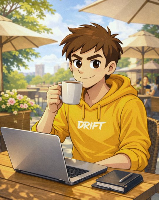 Image 7: An anime-style illustration of a young man in a yellow 'DRIFT' hoodie drinking from a white mug while using a laptop at an outdoor cafe.