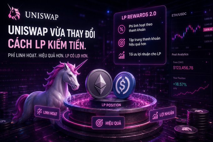 A promotional graphic in Vietnamese for Uniswap's 'LP Rewards 2.0', showing a unicorn, ETH and USDC coins on an 'LP Position' pedestal, with text translating to 'Uniswap has changed how LP makes money' and statistics including 'Fees (24H) $123,456.78' and '+18.57%'.