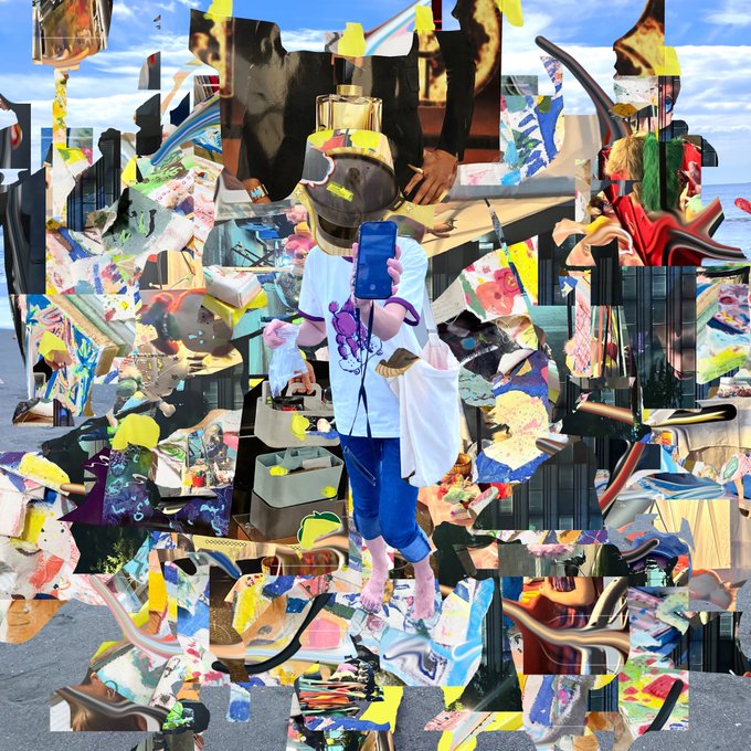 A colorful, abstract collage-style image features a person in the center taking a mirror selfie with a smartphone, surrounded by fragmented, cubist-like imagery.