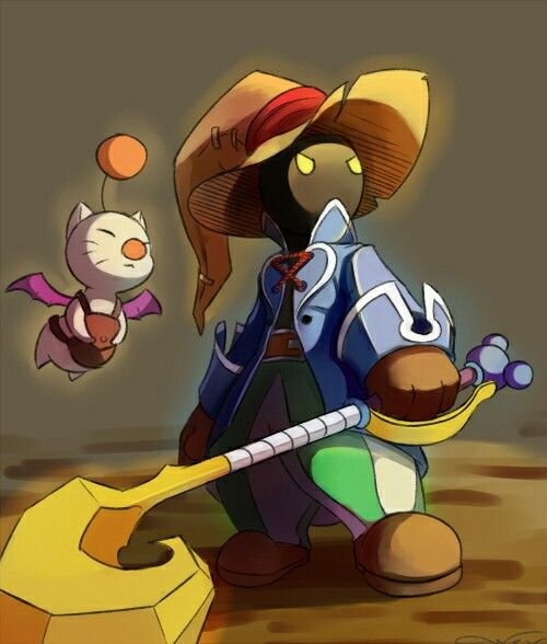 An illustration depicts a stylized character wearing a large straw hat and a blue coat, holding a golden key-shaped staff, accompanied by a small floating creature with bat-like wings.