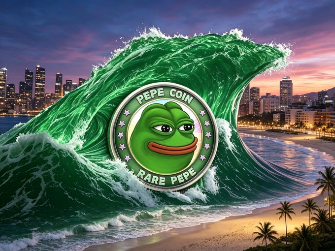 A 'PEPE COIN RARE PEPE' cryptocurrency coin superimposed over a large green crashing wave at a tropical beach city skyline during sunset.
