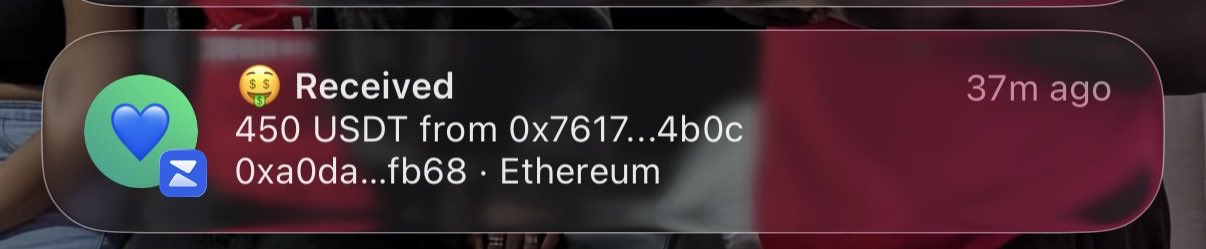 A notification shows a received transfer of 450 USDT from addresses 0x7617...4b0c and 0xa0da...fb68 on Ethereum, dated 37 minutes ago. The image relates to the post by showcasing recent incoming crypto payment as a result of a "Web3 job," illustrating earnings that the user is celebrating alongside contemplating next steps.