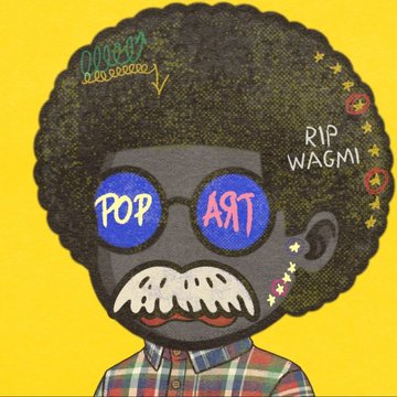 A pop art style illustration of a Black man with an afro wearing sunglasses labeled 'POP ART' and a plaid shirt, with 'RIP WAGMI' text and stars on a yellow background.