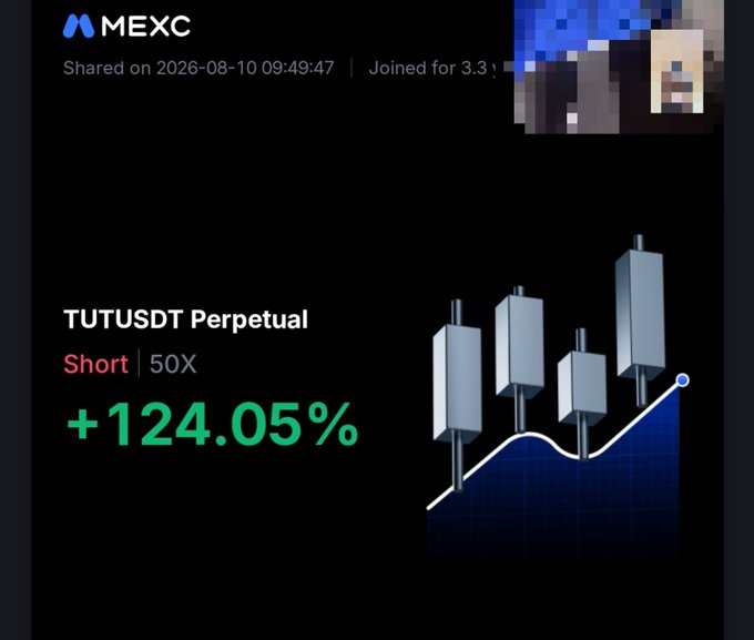 A MEXC trading screenshot shared on 2026-08-10 shows a successful short position on TUTUSDT Perpetual at 50X leverage, yielding a +124.05% return. The image illustrates the poster's claim of quick scalping profits being used to recover the cost of an ergonomic chair in a single trade.