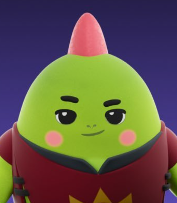The image features a green character with a pink spiked hairpiece that appears to be a robot or a toy. The character has a red shirt and a yellow star on its chest, giving it a unique appearance. The background of the image is dark purple, which contrasts with the bright colors of the character's outfit.
