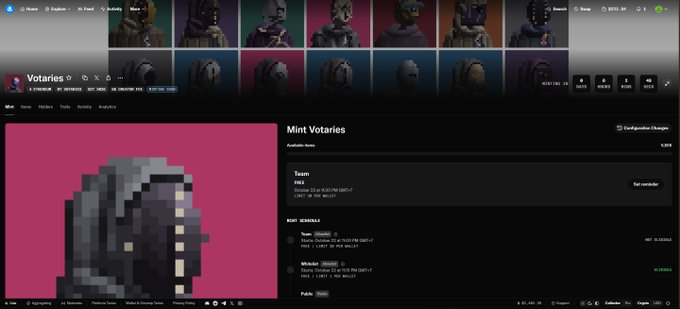 A dark NFT marketplace page shows a collection row and a “Votaries” item page, with a pixel-art helmet thumbnail on a pink background and metadata on the right.