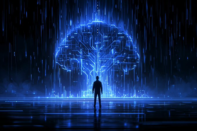 A sci-fi illustration of a person silhouetted in front of a glowing blue digital brain made of circuit board patterns with falling digital rain.
