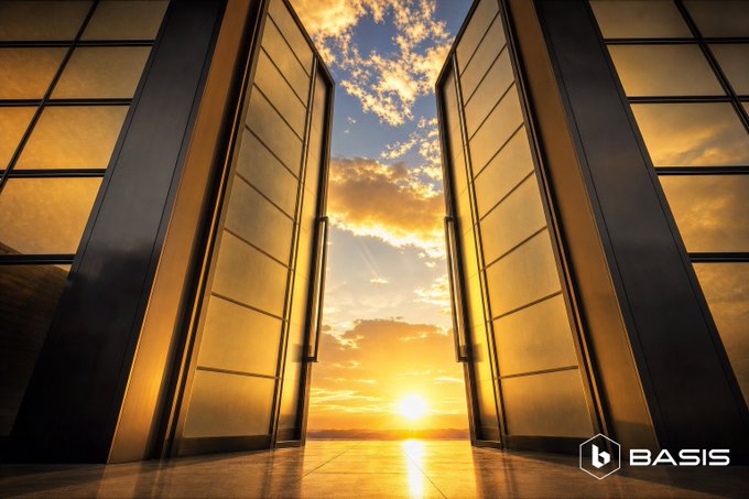 Large golden doors opening to reveal a vibrant sunset sky with the sun on the horizon, branded with 'BASIS' logo in the bottom right.