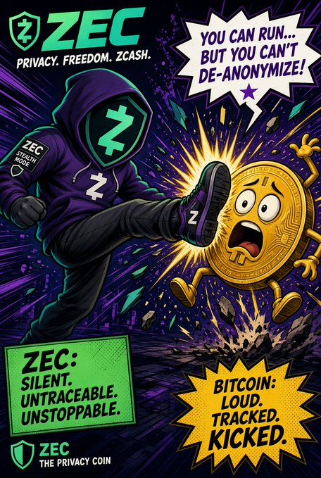A vibrant promotional poster for 'ZEC' (Zcash) cryptocurrency featuring a masked hooded figure kicking a shocked Bitcoin coin, with text reading 'PRIVACY. FREEDOM. ZCASH.', 'YOU CAN RUN... BUT YOU CAN'T DE-ANONYMIZE!', 'ZEC: SILENT. UNTRACEABLE. UNSTOPPABLE.', and 'BITCOIN: LOUD. TRACKED. KICKED.'