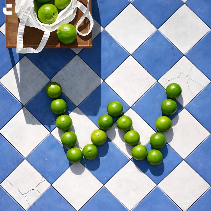A wooden cutting board with a white cloth bag of green limes sits on a blue and white checkered tiled surface, while additional limes are arranged below to form a large, smiling face shape. The playful lime arrangement visually echoes the upbeat "Good morning" message wishing for a fresh, lucky start to the new week.