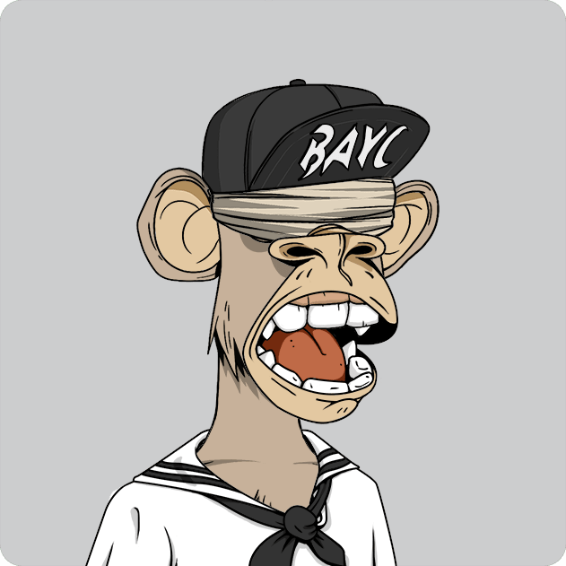 The image features a cartoon monkey wearing a sailor's outfit, including a hat with the word "BAYC" written on it. The monkey appears to be smiling and has its mouth open wide, as if it is speaking or laughing. The background of the image is gray, which contrasts with the colorful attire of the monkey. There are no other objects in the image besides the monkey and the sailor's outfit.