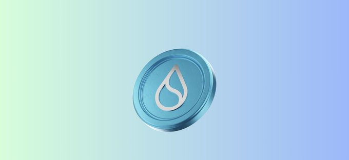 A blue Sui (SUI) cryptocurrency coin/token logo on a gradient blue and green background.