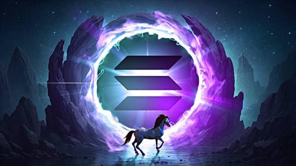 A dark fantasy digital artwork featuring a glowing purple and teal portal set against a mountainous landscape, with the Solana logo and a dark horse in the foreground.
