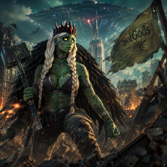 A fantasy artwork of a green-skinned warrior queen wearing a spiked crown and holding a large hammer, standing before a ruined cityscape with a UFO hovering above and a tattered 'SinlGods' flag beside her.