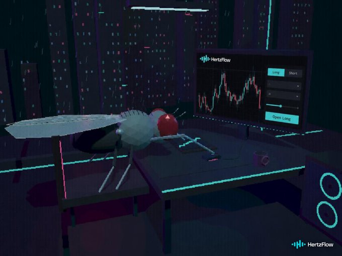 A fly sits on a desk beside a monitor displaying the "HertzFlow" trading platform with a candlestick chart and "Long/Short" options, set against a neon-lit cyberpunk cityscape background. The image ties into the post's "$100 survival challenge" at survival.hertzflow.xyz by humorously suggesting even a fly could participate in the trading survival game.