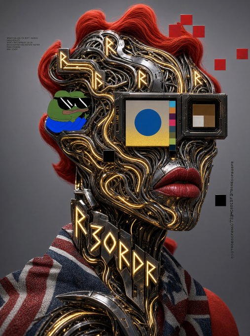 A surreal futuristic profile portrait features a cybernetic head with glowing “R3” symbols and the illuminated word “R3ORDR,” alongside geometric color accents and red hair. It serves as the stylized visual for the GMGN post inviting readers to enjoy coffee and some @R3ORDR to celebrate “Finally Friday.”