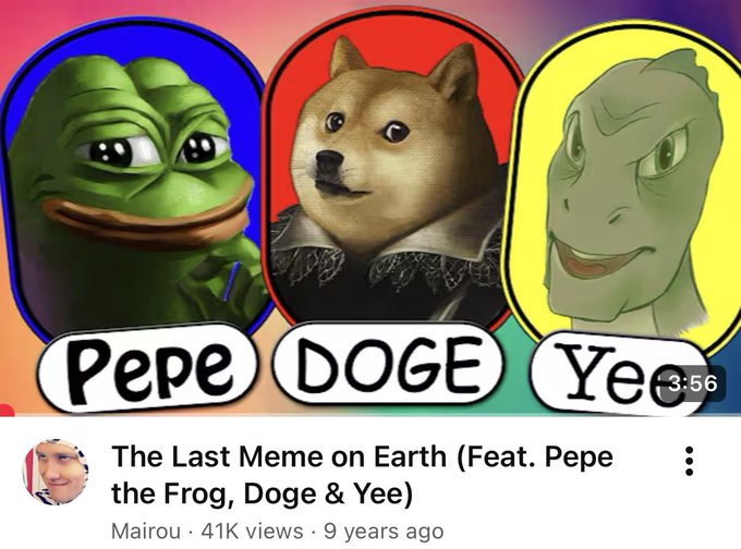 The image features three cartoon animal characters - a frog, a dog, and a dinosaur (or alligator). The caption below the image reads "YEE isn't a manufactured narrative it's a pre-narrative, an internet relic that existed long before meme coins, surviving over a decade through pure organic culture," which is related to the post about the Threeiezen.